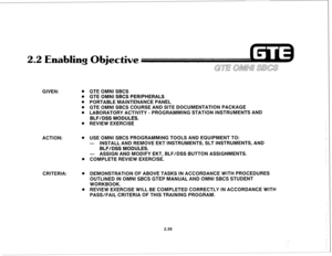 Page 1522.2 Enabling Objective 
GIVEN: 
ACTION: l GTE OMNI SBCS 
. GTE OMNI SBCS PERIPHERALS 
. PORTABLE MAINTENANCE PANEL 
. GTE OMNI SBCS COURSE AND SITE DOCUMENTATION PACKAGE 
. LABORATORY ACTIVITY - PROGRAMMING STATION INSTRUMENTS AND 
BLF/DSS MODULES. 
. REVIEW EXERCISE 
. USE OMNI SBCS PROGRAMMING TOOLS AND EQUIPMENT TO: 
- 
INSTALL AND REMOVE EKT INSTRUMENTS, SLT INSTRUMENTS, AND 
BLF/DSS MODULES. 
- ASSIGN AND MODIFY EKT, BLF/DSS BUTTON ASSIGNMENTS. 
. COMPLETE REVIEW EXERCISE. 
CRITERIA: 
....