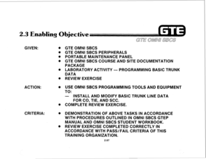 Page 1802.3 Enabling 0 ective 
GIVEN: 0 
e 
0 
0 
ACTION: 
0 
CRITERIA: 0 GTE OMNI SBCS 
GTE OMNI SBCS PERIPHERALS 
PORTABLE MAINTENANCE PANEL 
GTE OMNI SBCS COURSE AND SITE DOCUMENTATION 
PACKAGE 
LABORATORY ACTIVITY - PROGRAMMING BASIC TRUNK 
DATA 
REVIEW EXERCISE 
USE OMNI SBCS PROGRAMMING TOOLS AND EQUIPMENT 
TO: 
- INSTALL AND MODIFY BASIC TRUNK LINE DATA 
FOR CO, TIE, AND SCC. 
COMPLETE REVIEW EXERCISE. 
DEMONSTRATION OF ABOVE TASKS IN ACCORDANCE 
WITH PROCEDURES OUTLINED IN OMNI SBCS GTEP 
MANUAL AND OMNI...