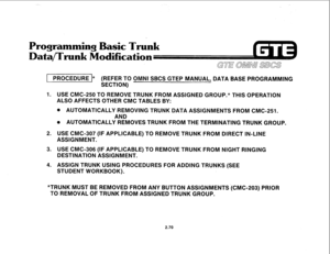 Page 1831 PROCEDURE I* 
(REFER TO OMNI SBCS GTEP MANUAL, DATA BASE PROGRAMMING 
SECTION) 
1. 
2. 
3. 
4. USE CMC-250 TO REMOVE TRUNK FROM ASSIGNED GROUP.* THIS OPERATION 
ALSO AFFECTS OTHER CMC TABLES BY: 
@ AUTOMATICALLY REMOVING TRUNK DATA ASSIGNMENTS FROM CMC-251. 
AND 
o AUTOMATICALLY REMOVES TRUNK FROM THE TERMINATING TRUNK GROUP. 
USE CMC-307 (IF APPLICABLE) TO REMOVE TRUNK FROM DIRECT IN-LINE 
ASSIGNMENT. 
USE CMC-306 (IF APPLICABLE) TO REMOVE TRUNK FROM NIGHT RINGING 
DESTINATION ASSIGNMENT. 
ASSIGN...