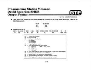 Page 271Programming Station Message 
etail Recorder/SMDR 
a?wt F 
@ TIME MESSAGE IS PRINTED WITH SMDR REPORT TO SEPARATE EACH SMDR MESSAGE. TIME INCRE- 
MENTS BY HOUR. 
09:27 02107186 
(1) (2) 
Time Date 
. SAMPLE OUTPUT: 
08:15 00.00.36 ST 0201 Cl234 1600 07035344789 123456780123 00 00 
(1) 
(2) (3) (4) (5) (6) (7) (8) (0% (10) 
(I) = Time of call origination 
(2) = Duration of call 
(3) = Calling party identification: 
ST = Station 
AT = Attendant 
TI = TIE trunk 
(4) = Originating Station number 
(5) = Trunk...