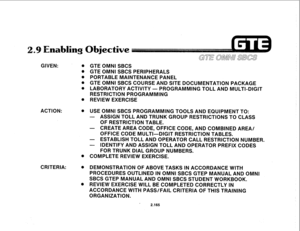 Page 280abling Objective 
GIVEN: 
@ GTE OMNI SBCS 
. GTE OMNI SBCS PERIPHERALS 
@ PORTABLE MAINTENANCE PANEL 
@ GTE OMNI SBCS COURSE AND SITE DOCUMENTATION PACKAGE 
0 LABORATORY ACTIVITY 
- PROGRAMMING TOLL AND MULTI-DIGIT 
RESTRICTION PROGRAMMING 
@ REVIEW EXERCISE 
ACTION: 
. USE OMNI SBCS PROGRAMMING TOOLS AND EQUIPMENT TO: 
- ASSIGN TOLL AND TRUNK GROUP RESTRICTIONS TO CLASS 
OF RESTRICTION TABLE. 
- CREATE AREA CODE, OFFICE CODE, AND COMBINED AREA/ 
OFFICE CODE MULTI-DIGIT RESTRICTION TABLES. 
- ESTABLISH...