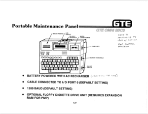 Page 34Portable Maintenance Panel 
MICRO PRINTE 
TAPE EJECT 
SCREEN VIEW ANGLE 
0 
0 
0 
0 
CABLE CONNECTED TO l/6 PORT 0 (DEFAULT SETTING) 
1200 BAUD (DEFAULT SETTING) 
QPTlONAL FWPPY DlSKETTE DRIVE UNIT (REQUIRES EXPANSION 
RAM FOR PMP) 
1.27  