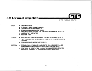 Page 3523.0 Terminal Objet 
GIVEN: . 
0 
0 
0 
0 
0 
0 
ACTION: . 
0 
0 
CRITERIA: . 
0 
GTE OMNI SBCS 
PORTABLE MAINTENANCE PANEL 
GTE OMNI SBCS PERIPHERALS 
STANDARD MAINTENANCE TOOLS 
GTE OMNI SBCS COURSE AND SITE DOCUMENTATION PACKAGE 
LABORATORY ACTIVITIES 
WRITTEN TEST 
ISOLATE AND IDENTIFY ROUTINE SYSTEM HARDWARE FAULTS. 
PERFORM ROUTINE DIAGNOSTICS ON SYSTEM AND PERIPHERAL 
DEVICES. 
COMPLETE AND PASS WRITTEN TEST. 
TROUBLESHOOTING AND DIAGNOSTIC PROCEDURES WILL BE 
COMPLETED IN ACCORDANCE WITH SBCS GTEP...