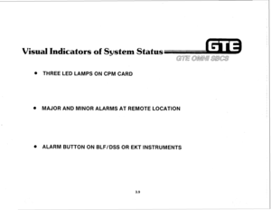 Page 360Visual Inclicators of System Status 
GUE OMNll rsBc3 
. THREE LED LAMPS ON CPM CARD 
8 MAJOR AND MINOR ALARMS AT REMOTE LOCATION 
. ALARM BUTTON ON BLWDSS OR EKT INSTRUMENTS  