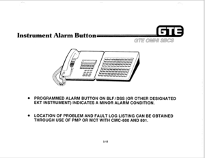 Page 363PROGRAMMED ALAlwl BUTTON ON BLF/lxS (OR OTHER DESIGNATED 
MT INSTRUMENT) lNDKATES A MINOR ALARM CONDITION. 
LOCATION OF PROBLEIM A D FAULT LOG LISTING CAN BE OBTAINED 
THROUGH USE OF PIMP OR IVET WITH CIVIC-800 AND 801. 
3.12  