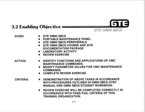 Page 368GIVEN: l 
e 
l 
l 
0 
l 
ACTION: e 
0 
l 
CRITERIA: e 
8 
GTE OMNI SBCS 
PORTABLE MAINTENANCE PANEL 
GTE OMNI SBCS PERIPHERALS 
GTE OMNI SBCS COURSE AND SITE 
DOCUMENTATION PACKAGE 
LABORATORY ACTIVITY 
REVIEW EXERCISE 
IDENTIFY FUNCTIONS AND APPLICATIONS OF CMC 
MAINTENANCE COMMANDS. 
MODIFY PARAMETER VALUES FOR CMC MAINTENANCE 
COMMANDS. 
COMPLETE REVIEW EXERCISE. 
DEMONSTRATION OF ABOVE TASKS IN ACCORDANCE 
WITH PROCEDURES OUTLINED IN OMNI SBCS GTEP 
MANUAL AND OMNI SBCS STUDENT WORKBOOK. 
REVIEW...