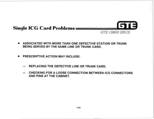 Page 406l ASSOCIATED WITH MORE THAN ONE DEFECTIVE STATION OR TRUNK 
BEING SERVED BY THE SAME LlNE OR TRUNK CARD. 
. PRESCRIPTIVE ACTION MAY INCLUDE: 
- REPLACING THE DEFECTIVE LINE OR TRUNK CARD. 
- CHECKING FOR A LOOSE CONNECTION BETWEEN ICG CONNECTORS 
AND PINS AT THE CABINET. 
3.53  