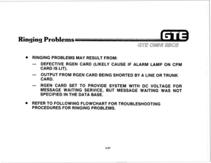 Page 410. RINGING PROBLEMS MAY RESULT FROM: 
- DEFECTIVE RGEN CARD (LIKELY CAUSE IF ALARM LAMP ON CPM 
CARD IS LIT). 
- OUTPUT FROM RGEN CARD BEING SHORTED BY A LINE OR TRUNKI 
CARD. 
- RGEN CARD SET TO PROVIDE SYSTEM WITH DC VOLTAGE FOR 
MESSAGE WAITING SERVICE, BUT MESSAGE WAITING WAS NOT 
SPECIFIED IN THE DATA BASE. 
. REFER TO FOLLOWING FLOWCHART FOR TROUBLESHOOTING 
PROCEDURES FOR RINGING PROBLEMS. 
3.57  