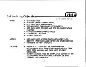 Page 4303.4 Enabling Objet
GIVEN:0
0
0
0
GE OMNj SEES
GTE OMNI SBCSPORTABLE MAINTENANCE PANEL
GTE OMNI SBCS PERIPHERALSREPLACEMENT CARDS AND INSTRUMENTS
GTE 
OMNI SBCS COURSE AND SITE DOCUMENTATION
PACKAGESTANDARD MAINTENANCE TOOLS
LABORATORY ACTIVITY
REVIEW EXERCISE
ACTION:
a
0
CRITERIA:0
QUSE 
OMNI SBCS SYSTEM DIAGNOSTICS TESTS TO
IDENTIFY HARDWARE AND SOFTWARE MALFUNCTIONS.
COMPLETE REVIEW EXERCISE.DIAGNOSTIC TESTS WILL BE PERFORMED IN
ACCORDANCE WITH PROCEDURES OUTLINED IN OMNI
SBCS GTEP MANUAL AND OMNI SBCS...