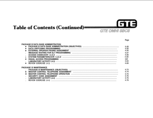 Page 449ontirgaed)
PagePACKAGE B DATA BASE ADMINISTRATION
ePACKAGE B DATA BASE ADMINISTRATION (OBJECTIVES)..........................................4.49
oDATA SWITCHING PROGRAMMING................................................................4.50
oEXTERNAL SPEAKER PAGING ASSIGNMENT.......................................................4.55.MESSAGE WAITING FOR SLT PROGRAMMING.....................................................
4.57.ACCESS CODES/SVR...