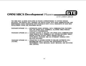 Page 453ewelopment Phases
Gull OMNU SBCS
THE OMNI SBCS lS BEING DEVELOPED IN PHASES CORRESPONDING TO SYSTEM VERSION
RELEASES. THIS MODULE WILL ADDRESS THE INSTALLATION, DATA BASE ADMINISTRATION, AND
MAINTENANCE TASKS ASSOCIATED WITH PACKAGE B (SVR 1.5.X.X). HIGHLIGHTS OF EACH NEW
DEVELOPMENT PHASE ARE DESCRIBED BELOW.PACKAGE B/PHASE 1.5 
-INTRODUCES BASIC INTERNAL DATA COMMUNICATION FEATURES
FOR LOW SPEED DATA TERMINALS, ALLOWING SIMULTANEOUSVOICE/DATA TRANSMISSION.
PACKAGE C/PHASE 2.0 
-EXPANDS SYSTEM TO...