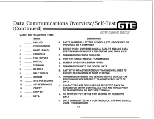 Page 460Data Communications Overview/Self-Test
(Continued)MATCH THE FOLLOWING ITEMS:
TERMS
1.ANALOG
2.SYNCHRONOUS
3.WORD LENGTH
4.ECHOPLEX
5.FULL DUPLEX
6.DIGITAL
7.TERMINAL
8.RS-232-C
9.HALF DUPLEX
10.MODEM
11.BITS PER SECOND
12.ASYNCHRONOUS
13.PARITY
14.STOP BIT
15.DATA
A.
B.
C.
D.
E.
F.
G.
H.
I.
J.
K.
DEFINITIONS
FACTS, NUMBERS, LETTERS, SYMBOLS, ETC. PROCESSED OR
PRODUCED BY A COMPUTER
DEVICE WHICH CONVERTS DIGITAL DATA TO ANALOG DATA
FOR TRANSMISSION OVER A TELEPHONE LINE, THEN BACK
TRANSMISSION ERROR...