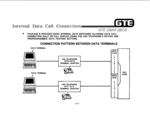 Page 465Internal Data Call ConnectionGTE OMNU SEES
0PACKAGE B PROVIDES BASIC INTERNAL DATA SWITCHING ALLOWING DATA CALL
CONNECTION (HALF OR FULL DUPLEX) USING THE CSD TELEPHONE’S KEYPAD AND
PREPROGRAMMED DATA FEATURE BUTTONS.CONNECTION PATTERN BETWEEN DATA TERMINALS
DATA TERMINAL
.CSD TELEPHONE
4
WITH DATA
TERMINAL ADAPTER
DATA TERMINAL
CSD TELEPHONE
WITH DATATERMINAL ADAPTER
ZZE
CARD
I
N
T
E
R
F
A
C
E
8DTC
CARD
I
N
T
E
R
F
A
C
E
swcCARD
4.14 