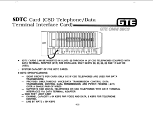 Page 473_,- -x,l
8DTC Card (CSD Telephone/Data
Terminal Interface Card)
08DTC CARDS CAN BE INSERTED IN SLOTS 00 THROUGH 14 (IF CSD TELEPHONES EQUIPPED WITH
DATA TERMINAL ADAPTER (DTA) ARE INSTALLED, ONLY SLOTS 
00,03,06,09 AND 12 MAY BE
USED)..
SYSTEM CAPACITY OF FIVE 8DTC CARDS.
@ 8DTC SPECIFICATIONS:
-EIGHT CIRCUITS PER CARD (ONLY SIX IF CSD TELEPHONES ARE USED FOR DATA
TRANSMISSION)
-PROVIDES SIMULTANEOUS VOICE/DATA TRANSMISSION CONTROL DATA
TRANSMISSION, CONTROL DATA TRANSMISSION, AND POWER FEEDING (-24V)...