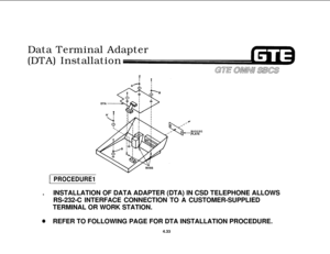 Page 484Data Terminal Adapter
(DTA) InstallationMASKINGPLATE
1 PROCEDURE1.INSTALLATION OF DATA ADAPTER (DTA) IN CSD TELEPHONE ALLOWS
RS-232-C INTERFACE CONNECTION TO A CUSTOMER-SUPPLIED
TERMINAL OR WORK STATION.
aREFER TO FOLLOWING PAGE FOR DTA INSTALLATION PROCEDURE.
4.33 