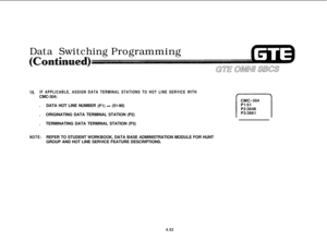 Page 504Data SwitchingProgramming
10.IF APPLICABLE, ASSIGN DATA TERMINAL STATIONS TO HOT LINE SERVICE WITHCMC-304:
.DATA HOT LINE NUMBER 
(Pl) - (51-90)
.ORIGINATING DATA TERMINAL STATION (P2)
.TERMINATING DATA TERMINAL STATION (P3)
NOTE:REFER TO STUDENT WORKBOOK, DATA BASE ADMINISTRATION MODULE FOR HUNT
GROUP AND HOT LINE SERVICE FEATURE DESCRIPTIONS.
4.53 