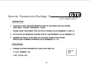 Page 510System Parameters/Package B] DESCRIPTION 1
QPACKAGE B MAY REQUIRE MODIFICATION OF SETTINGS FOR FOLLOWING
APPLICABLE SYSTEM PARAMETER FLAGS:.POUND CODE TREATMENT FOR TIE OR CO TRUNKS (FLAG NUMBERS 13 AND 14)
0ACTIVATION OF MESSAGE WAITING FOR SLT INSTRUMENTS (FLAG NUMBER 15)
0NUMBER OF DIGITS TO BE SENT AS ACCOUNT CODES FOR SYSTEM
SPECIALIZED COMMON CARRIERS (FLAG NUMBERS 16 
- 21).
(PROCEDURE1
1.CHANGE SYSTEM PARAMETER FLAGS WITH CMC-102:
0 FLAG NUMBER (PI)
0 SET VALUE (P2)
4.59 