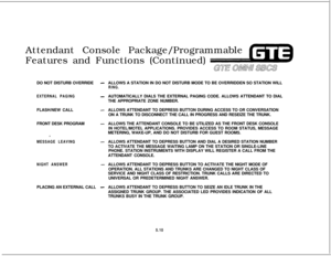 Page 546Attendant Console Package/Programmable
Features and Functions (Continued)GUE OMNU SK3DO NOT DISTURB OVERRIDE
-ALLOWS A STATION IN DO NOT DISTURB MODE TO BE OVERRIDDEN SO STATION WILL
RING.
EXTERNAL PAGING
-AUTOMATICALLY DIALS THE EXTERNAL PAGING CODE. ALLOWS ATTENDANT TO DIAL
THE APPROPRIATE ZONE NUMBER.
FLASH/NEW CALL
-ALLOWS ATTENDANT TO DEPRESS BUTTON DURING ACCESS TO OR CONVERSATION
ON A TRUNK TO DISCONNECT THE CALL IN PROGRESS AND RESEIZE THE TRUNK.
FRONT DESK PROGRAM
-ALLOWS THE ATTENDANT CONSOLE...
