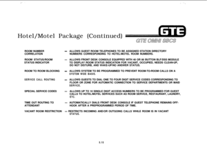 Page 551(.: \, :  : .,,Hotel/Motel Package (Continued)
Gul m!mJll SLWSROOM NUMBER
-ALLOWS GUEST ROOM TELEPHONES TO BE ASSIGNED STATION DIRECTORY
CORRELATIONNUMBERS CORRESPONDING TO HOTEL/MOTEL ROOM NUMBERS.
ROOM STATUS/ROOM
-ALLOWS FRONT DESK CONSOLE EQUIPPED WITH 40 OR 80 BUTTON BLF/DSS MODULE
STATUS INDICATORTO DISPLAY ROOM STATUS INDICATION FOR VACANT, OCCUPIED, NEEDS CLEAN-UP,
DO NOT DISTURB, AND WAKE-UP/NO ANSWER STATUS.
ROOM TO ROOM BLOCKING
-ALLOWS SYSTEM TO BE PROGRAMMED TO PREVENT ROOM-TO-ROOM CALLS ON...