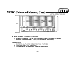 Page 563POWER
SUPPLY00 010203040506070809
10111213141516 171819202122
RGEN
KG01112I3I4I
ICG51swcCPMMEMPFT
I
0MEMC (PACKAGE C/SIR 2.0.X.X) INCLUDES:
-ROM FOR OPERATING SYSTEM SOFTWARE AND DEFAULT STANDARD DATA BASE
-RAM FOR CUSTOMIZED DATA BASE (ALSO RESIDES IN CPMC CARD)
@ MEMC CARD:
-SUPPORTS ALL PACKAGE C EQUIPMENT AND FEATURES
-FUNCTIONS ONLY WITH CPMC CARD
-CONTAINS MORE MEMORY THAN CPMA OR CPMB CARDS
5.27 