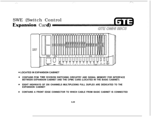 Page 564SWE (Switch Controlan&m Car
POWER
SUPPLY
* LOCATED IN EXPANSION CABINET
@CONTAINS PCM TlME DlVlSlON SWITCHING CIRCUITRY AND SIGNAL MEMORY FOR INTERFACE
BETWEEN EXPANSION CABINET AND THE CPMC CARD (LOCATED IN THE BASIC CABINET)
0EIGHT HIGHWAYS OF 256 CHANNELS MULTIPLEXING FULL DUPLEX ARE DEDICATED TO THE
EXPANSION CABINET
@CONTAINS A FRONT EDGE CONNECTOR TO WHICH CABLE FROM BASIC CABINET IS CONNECTED
5.29 
