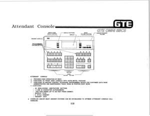 Page 567Attendant Console
DISPLAY VIEW
DISPLAY BUTTONSRINGERANGLE CONTROL
,
.--7J-HANDSET/HEADSET
DISPLAY -,VOLUME CONTROL
VOLUMEI \ ’\HEADSET JACKS (2)
I \/II\I/-PROGRAMMABLE
ksISI@El -
-ill--
KEYPA&) 7
FEATURE BUTTONS. ATTENDANT CONSOLE
-PROVIDES PABX OPERATION OF SBCS-FUNCTIONS AS FRONT DESK CONSOLE WITH HOTEL/MOTEL PACKAGE-FUNCTIONS AS MASTER CONTROL TELEPHONE PROGRAMMING DEVICE FOR CUSTOMER DATA BASE
ADMINISTRATION AND MAINTENANCE TASKS WHEN IN POSITION BUSY MODE
- CONTAINS:
- 28 NON-LOCKING LINE/FEATURE...