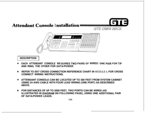 Page 587nsole ItallatisnDESCRIPTION
@EACH ATTENDANT CONSOLE WEl,,jlRES TWO PAIRS OF WIRES: ONE PAIR FOR TIPAND RING, THE OTHER FOR DATA/POWER.
@REFER TO EKT CROSS CONNECTION REFERENCE CHART IN MODULE I, FOR CROSS
CONNECT WIRING INSTRUCTIONS.
@ATTENDANT CONSOLE CAN BE LOCATED UP TO 300 FEET FROM SYSTEM CABINET
USING 24 AWG CABLE WITH FOUR LEAD WIRING (ONE PORT) AS DESCRIBED
ABOVE.
0FOR DISTANCES OF UP TO 2000 FEET, TWO PORTS CAN BE WIRED (AS
ILLUSTRATED IN 
DIAGRAlVl ON FOLLOWING PAGE), USING ONE AQDITIONAL PAIR...