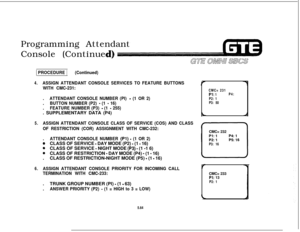 Page 599Programming Attendant
Console (Continue1 PROCEDURE 1(Continued)
4.ASSIGN ATTENDANT CONSOLE SERVICES TO FEATURE BUTTONS
WITH CMC-231:.
ATTENDANT CONSOLE NUMBER (PI) - (1 OR 2).
BUTTON NUMBER (P2) - (1 - 16).
FEATURE NUMBER (P3) - (1 - 255). SUPPLEMENTARY DATA (P4)
5.ASSIGN ATTENDANT CONSOLE CLASS OF SERVICE (COS) AND CLASS
OF RESTRICTION (COR) ASSIGNMENT WITH CMC-232:.
ATTENDANT CONSOLE NUMBER (PI) - (1 OR 2)
*CLASS OF SERVICE - DAY MODE (P2) - (1 - 16)
0CLASS OF SERVICE - NIGHT MODE (83) - (1 -1 6)...