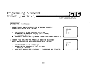 Page 600Programming Attendant
Console (Continued)(PROCEDUREI (Continued)
7.CREATE NIGHT ANSWER GROUP FOR ATTENDANT CONSOLE
OVERFLOW STATION WITH CMC-306:.NIGHT ANSWER GROUP NUMBER (PI) 
- (1 - 32)
.
TRUNK/STATION TENANT FLAG (P2) - (1 = STATION,
2 = TRUNK; 3 = TENANT)
@EQUIPMENT NUMBER (P3) - (STATION TO RECEIVE OVERFLOW CALLS)
8.ASSIGN “ALL TENANTS” TO ATTENDANT CONSOLE OVERFLOW
NIGHT ANSWER GROUP (ASSIGNED ABOVE) WITH CMC-306:
0NIGHT ANSWER GROUP NUMBER (PI).
TRUNK/STATION TENANT (P2) - (1 = STATION,
2 =...