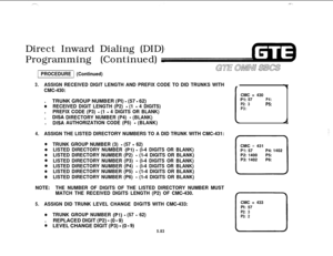 Page 618.- . . .Direct Inward Dialing (DID)
Programming (Continued)1
 PROCEDURE 1 (Continued)
3.ASSIGN RECEIVED DIGIT LENGTH AND PREFIX CODE TO DID TRUNKS WITH
CMC-430:.TRUNK GROUP NUMBER (PI) 
- (57 - 62)
*RECEIVED DIGIT LENGTH (P2) - (1 - 4 DIGITS).
PREFIX CODE (P3) - (1 - 4 DIGITS OR BLANK).
DISA DIRECTORY NUMBER (P4) - (BLANK).
DISA AUTHORIZATION CODE (P5) - (BLANK)
4.ASSIGN THE LISTED DIRECTORY NUMBERS TO A DID TRUNK WITH CMC-431:
@TRUNK GROUP NUMBER (3) - (57 - 62)
oLISTED DIRECTORY NUMBER (Pl) - (l-4...