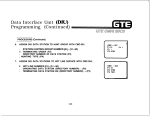 Page 623PROCEDURE (Continued)6.ASSIGN DIU DATA STATION TO HUNT GROUP WITH CMC-301:
ICMC = 301
Pl: 51P4: 1.STATION HUNTING GROUP NUMBER 
(Pl) - (51 - 60)P2: 1
l TERMINATING ORDER (P2)P3: 4700
.
DIRECTORY NUMBER OF DATA STATION (P3). HUNTING TYPE (P4)
1
7.ASSIGN DIU DATA STATIONS TO HOT LINE SERVICE WITH CMC-304:
eHOT LINE NUMBER (Pl) - (51 - 90)
.
ORIGINATING DATA STATION (DIRECTORY NUMBER) - (P2).
TERMINATING DATA STATION DN (DIRECTORY NUMBER) - (P3)
IData Interface Unit 
(DILJ)Programming (Continued)
5.88 