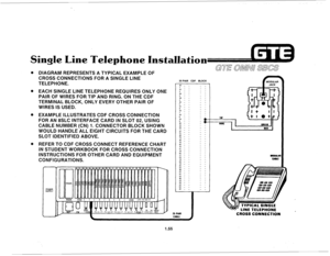 Page 64Single Line Telephone Installation 
DIAGRAM REPRESENTS A TYPICAL EXAMPLE OF 
CROSS CONNECTIONS FOR A SINGLE LINE 
TELEPHONE. 
EACH SINGLE LINE TELEPHONE REQUIRES ONLY ONE 
PAIR OF WIRES FOR TIP AND RING. ON THE CDF 
TERMINAL BLOCK, ONLY EVERY OTHER PAIR OF 
WIRES IS USED. 
EXAMPLE ILLUSTRATES CDF CROSS CONNECTION 
FOR AN 8SLC INTERFACE CARD IN SLOT 02, USING 
CABLE NUMBER (CN) 1. CONNECTOR BLOCK SHOWN 
WOULD HANDLE ALL EIGHT CIRCUITS FOR THE CARD 
SLOT IDENTIFIED ABOVE. 
REFER TO CDF CROSS CONNECT...