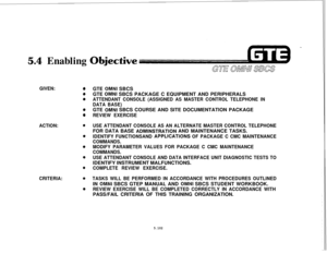 Page 6365.4 EnablingObiective
GIVEN:0
0
0
0
0GTE 
OMNI SBCS
GTE 
OMNI SBCS PACKAGE C EQUIPMENT AND PERIPHERALS
ATTENDANT CONSOLE (ASSIGNED AS MASTER CONTROL TELEPHONE IN
DATA BASE)GTE 
OMNI SBCS COURSE AND SITE DOCUMENTATION PACKAGE
REVIEW EXERCISE
ACTION:
CRITERIA:
0
Q
6
0
USE ATTENDANT CONSOLE AS AN ALTERNATE MASTER CONTROL TELEPHONEFOR DATA BASE 
ADMINSTRATION AND MAINTENANCE TASKS.
IDENTIFY FUNCTIONSAND APPLICATIOtiS OF PACKAGE C CMC MAINTENANCE
COMMANDS.
MODIFY PARAMETER VALUES FOR PACKAGE C CMC...