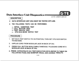 Page 646tf1 DESCRIPTION
0DATA INTERFACE UNIT (DIU) MUST BE TESTED OFF-LINE.
~bTHE FOLLOWING TESTS CAN BE PERFORMED:
- INITIAL CONDITION TEST
- CALL BUTTON TEST
- TEST SWITCH TEST
- DTEIDCEODE SWITCH TEST
3.4. PRESS A
TEST 
EXECUTI
FOLLOWONITOR 
VISULE RESULTS.
5.112 