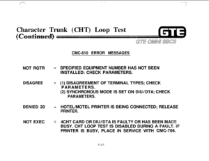 Page 651Character Trunk (CHT) Loop Test(
CMC-810 ERROR MESSAGESNOT RGTR
DISAGREE
DENlED 20
NOT EXEC
=
=
-
=SPECIFIED EQUIPMENT NUMBER HAS NOT BEEN
INSTALLED: CHECK PARAMETERS.
(I) DISAGREEMENT OF TERMINAL TYPES; CHECK
PARAMETERS.
(2) SYNCHRONOUS MODE IS SET ON 
DIU/DTA; CHECK
PARAMETERS.HOTEL/MOTEL PRINTER IS BEING CONNECTED; RELEASE
PRINTER.4CHT CARD OR 
DIU/DTA IS FAULTY OR HAS BEEN M
BUSY. CHT LOOP TEST IS DISABLED DURING A FAU
PRINTER IS BUSY, PLACE IN SERVICE WITH
CMC-70i.
5.117 