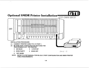 Page 77RGEN 
(1) CONNECT PRINTER CABLE TO i/O PORT 1 
(2) BE SURE PORT CONFIGURATION MATCHES THE 
REQUIREMENTS OF THE PRINTER: 
. 300 BAUD 
. EVEN PARITY @ 1 STOP BIT 
l ECHO OFF 
@ 7 BIT WORD 
NOTE: 
REFER TO GTEP MANUAL FOR RS-232-C PORT CONFIGURATION AND SMDR PRINTER 
CABLE REQUIREMENTS 
1.68  