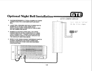 Page 78DIAGRAM REPRESENTS A TYPICAL EXAMPLE OF CROSS CDF 
CONNECTIONS FOR A CUSTOMER-SUPPLIED NIGHT 25 - - 
BELL. 
A NIGHT BELL REQUIRES ONE PAIR OF WIRES FOR ITS 
INTERFACE TO AN 8SLC CARD (SAME AS SLT 
INSTALLATION). EVERY OTHER PAIR OF PINS IS USED 
ON THE CONNECTING BLOCK. 
EXAMPLE ILLUSTRTES A NIGHT BELL CDF CROSS 
CONNECTION FOR AN 8SLC CARD IN SLOT 01, USING 
CABLE NUMBER (CN) 1. CONNECTOR BLOCK SHOWN 
WOULD HANDLE FOUR OF THE EIGHT CIRCUITS FOR 
THE CARD SLOT IDENTIFIED ABOVE. 
REFER TO CDF CROSS...