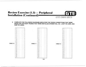 Page 92eview Exercis 
s 
8. COMPLETE THE FOLLOWING DIAGRAMS INDICATING THE CROSS CONNECTIONS THAT WERE 
MADE FOR THE EIGHT TRUNKS THAT WERE INSTALLED (POWER FAIL, CO, LOOP TIE LINES, AND 
E&M TIE LINES). 
CABLE 10 
CABLE 11 - - 
- - 
- - 
- - 
- - 
- - 
- - 
- - 
- - 
- - 
- - 
- - 
- - 
- - 
- - 
- - 
1.83 CABLE 12 14 - - 
40 - - 
:: I I 
16 - _ 
42 - _ 
17 - - 
43- - 
I8 - - 
44- - 
19 - - 
45- - 
20 - _ 
46- - 
21 - - 
47 - _ 
22 - _ 
.l8- - 
23 - - 
49 
24 I 1 
50 - _ 
, 25 - _ 
- - 
- - 
- - 
- - 
- -  