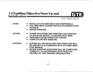 Page 961.4 Enabling Objective/Start Up and 
GIVEN: 0 
0 
0 
ACTION: 0 
0 
0 
CRITERIA: 0 
0 
INSTALLED GTE OMNI SBCS AND PERIPHERALS 
GTE OMNI SBCS COURSE AND SITE DOCUMENTATION 
PACKAGE 
REVIEW EXERCISE 
POWER ON SYSTEM AND PERFORM COLD RESTART 
TO INITIALIZE DEFAULT STANDARD DATA BASE. 
PERFORM SYSTEM OPERATION CHECKS. 
COMPLETE REVIEW EXERCISE. 
SYSTEM WILL BE INITIALIZED AND OPERATION WILL 
BE VERIFIED IN ACCORDANCE WITH GTE OMNI SBCS 
GTEP MANUAL. 
REVIEW EXERCISE QUESTIONS WILL BE COMPLETED 
CORRECTLY IN...