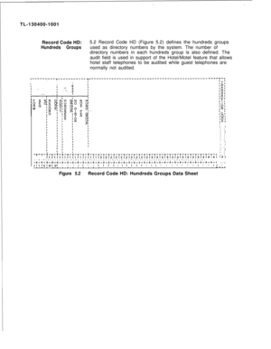 Page 104TL-130400-1001
Record Code HD:5.2 Record Code HD (Figure 5.2) defines the hundreds groupsHundreds Groupsused as directory numbers by the system. The number of
directory numbers in each hundreds group is also defined. The
audit field is used in support of the Hotel/Motel feature that allows
hotel staff telephones to be audited while guest telephones are
normally not audited.
,---------,-----------I
II
IT1’----T-~
ITIIRI
$;ISIIAIICIITI1 IlOIINI
ICl101IDIIElII III
I 
lI I
I 1
II
II II I
I 
1I II
I...