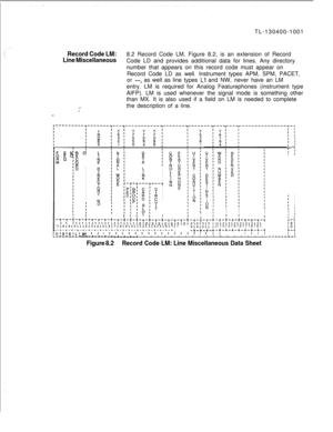 Page 153TL-130400-1001Record Code LM:
Line Miscellaneous
%-.”-..8.2 Record Code LM, Figure 8.2, is an extension of Record
Code LD and provides additional data for lines. Any directory
number that appears on this record code must appear on
Record Code LD as well. Instrument types APM, SPM, PACET,
or 
---, as well as line types Ll and NW, never have an LM
entry. LM is required for Analog Featurephones (instrument type
AIFP). LM is used whenever the signal mode is something other
than MX. It is also used if a field...