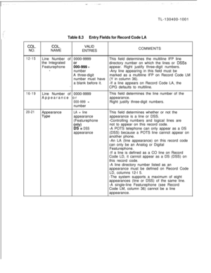 Page 159TL-130400-1001Table 8.3Entry Fields for Record Code LA
COL.COL.VALID
NO.NAME
ENTRIESCOMMENTS
12-15Line Number of 0000-9999This field determines the multiline IFP line
the Integrated
directory number on which the lines or 
DSSsFeaturephone
~~0-999 =appear. Right justify three-digit numbers..”number-Any line appearing in this field must be
A three-digitmarked as a multiline IFP on Record Code LM
number must have(Y in column 36).
a blank before it.-If a line appears on Record Code LA, the
.
CPG defaults to...