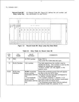 Page 168-TL-130400-1001
Record Code BK:9.3 Record Code BK, Figure 9.3, defines the unit number and
Busy Lamp Keykey identification for each BLDU.
r---------r----r--------------------_------------------II; r:
IT---------------------q
:I
I1IIIII D;I
I
II EI0II
I x 1:I
IIII
I
BLDU KEY IDENTITIES
Figure 9.3Record Code BK: Busy Lamp Key Data Sheet
Table 9.3
Entry Fields for Record Code BKCOMMENTS
-ABLDUnumber canonly appearin this
tendistinct hundredgroups.
-The numbers enteredin columns
14-33 