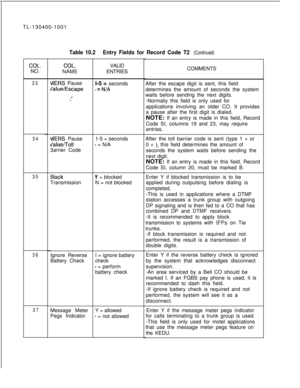 Page 190TL-130400-1001Table 10.2Entry Fields for Record Code T2 (Continued)
COL.COL.VALID
NO.
NAMEENTRIES
33
34
35VlERS Pause
l-5 = seconds
Jalue/Escape.=N/A
s-.”
MERS Pause
dalue/Toll3arrier Code
3lockY = blocked
TransmissionN = not blocked
Ignore Reverse
Battery Check
Message MeterY = allowed
Pegs Indicator
- = not allowed 1-5 = seconds
- = N/A
36
37
8/87SVR 5210I = ignore battery
check
- = perform
battery checkCOMMENTS
After the escape digit is sent, this field
determines the amount of seconds the system...