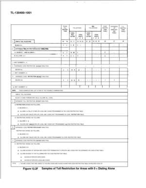 Page 198TL-130400-1001TRUNK2NDCODE
EXPANDED1+TOLLTOLL ACCESSTOLL ACCESSRESTRIC-
ORRESTRIC-
17
EXPANbED TOLL RESTRICIIONO-DIGIT ANALYSIS)
B. ALLOW0 f -~______ --116 17
0 
RN M
n P18 19 20
0 
-0 . .
0 
- -
. .
III232425262728
.
 ._
( = ANY NUMBER I- 4II
31 EXPANDED CODE RESTRICTION (3-DIGIT ANALYSIS)I-17 I I I II IBLOCK 0 
fE T OR 0.. _. __.X
( = ANY NUMBER l-4
4
EXPANDED CODE RESTRI~~ON (~-DIGIT ANALYSIS)BLOCK 0 
CE T OR 0.. _. .-.XX
( = ANY NUMBER l-4I--I ---I- I I I II I
(OTE:
THESE EXAMPLES ARE JUST A FEW OF...