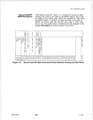 Page 225TL-130400-1001Record Code RP:11.2 Record Code RP, Figure 11.2, defines the routing list data,
MERS Routing Listincluding the trunks to be used by the MERS feature. Any trunks
not listed on this record code cannot be accessed by calls using
the MERS feature. In addition to listing all trunks to be used for
MERS, this record code also lists the trunk order in which calls
will go out. The routing list(s) is defined here and assigned to the
variqus NPAs/ABCs on Record Codes TR and NR.
;I; I ;T,NI NOTT!...