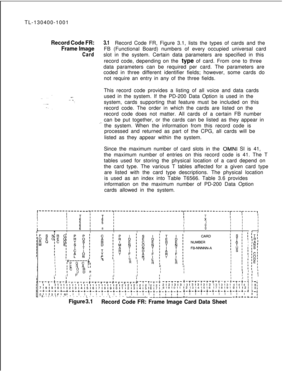 Page 30TL-130400-1001Record Code FR:3.1Record Code FR, Figure 3.1, lists the types of cards and the
Frame ImageFB (Functional Board) numbers of every occupied universal card
Cardslot in the system. Certain data parameters are specified in this
record code, depending on the type of card. From one to three
data parameters can be required per card. The parameters are
coded in three different identifier fields; however, some cards do
not require an entry in any of the three fields.
This record code provides a...
