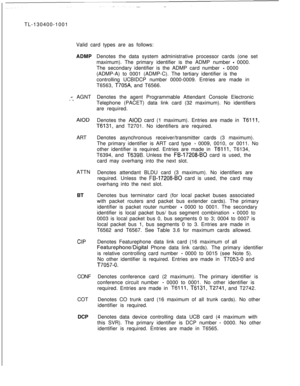 Page 34TL-130400-1001
Valid card types are as follows:
ADMP*-AGNT.j *
AIODART
ATTN
BT
CIPCONF
COT
DCPDenotes the data system administrative processor cards (one set
maximum). The primary identifier is the ADMP number 
- 0000.
The secondary identifier is the ADMP card number 
- 0000
(ADMP-A) to 0001 (ADMP-C). The tertiary identifier is the
controlling UCBIDCP number 0000-0009. Entries are made in
T6563, 
T705A, and T6566.
Denotes the agent Programmable Attendant Console Electronic
Telephone (PACET) data link...