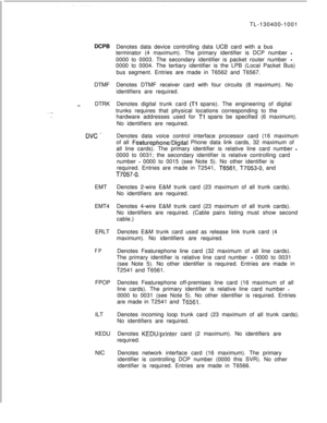 Page 35DCPB
DTMFx-DTRK
DVC‘.EMT
EMT4
ERLT
FPFPOP
ILT
KEDU
NICTL-130400-1001
Denotes data device controlling data UCB card with a bus
terminator (4 maximum). The primary identifier is DCP number 
-0000 to 0003. The secondary identifier is packet router number 
-0000 to 0004. The tertiary identifier is the LPB (Local Packet Bus)
bus segment. Entries are made in T6562 and T6567.
Denotes DTMF receiver card with four circuits (8 maximum). No
identifiers are required.
Denotes digital trunk card 
(Tl spans). The...