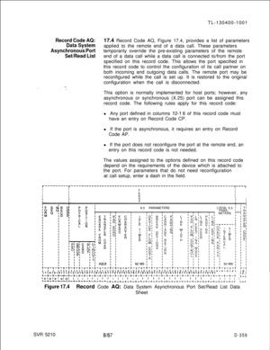 Page 355TL-130400-1001Record Code AQ:17.4 Record Code AQ, Figure 17.4, provides a list of parameters
Data Systemapplied to the remote end of a data call. These parameters
Asynchronous Porttemporarily override the pre-existing parameters of the remote
Set/Read Listend of a data call while a data call is connected to/from the port
specified on this record code. This allows the port specified in
this record code to control the configuration of its call partner on
both incoming and outgoing data calls. The remote...